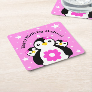 Dessous De Verre Carré Joli Anniversaire Pingouins Fleurs Roses