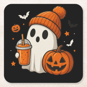 Dessous De Verre Carré Joli fantôme d'Halloween avec citrouille et boisso