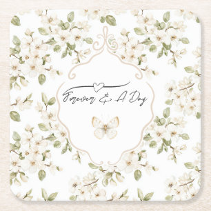 Dessous De Verre Carré Joli Papillon d'Arbre Fleurissant Crème Mariage