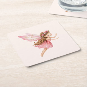 Dessous De Verre Carré Jolie Fille Fée en Robe Rose