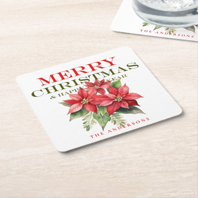 Dessous De Verre Carré Jolie Fleur Rouge Poinsettia Joyeux Noël (Incliné)
