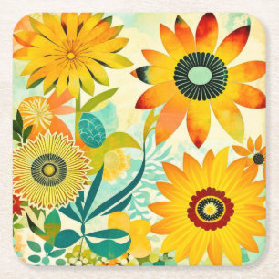 Dessous De Verre Carré Jolie folk Art Fleurs Jaunes