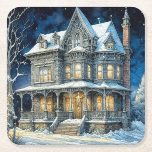 Dessous De Verre Carré Jolie maison de Noël éclairée