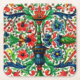 Dessous De Verre Carré Joyaux Tons Médiéval Fleurs Manuscrits Scrolls