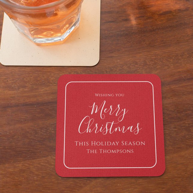 Dessous De Verre Carré Joyeuse calgraphie de Noël Simple mignonne rouge (Merry Christmas holiday red and white calligraphy paper coaster. )
