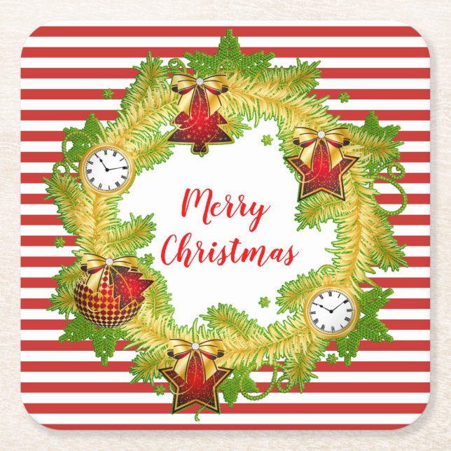 Dessous De Verre Carré Joyeuse couronne et rayures de Noël (Devant)