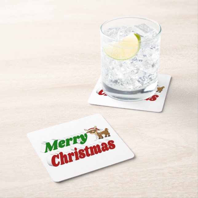 Dessous De Verre Carré Joyeuse typographie de Christmas Reindeer (En situation)