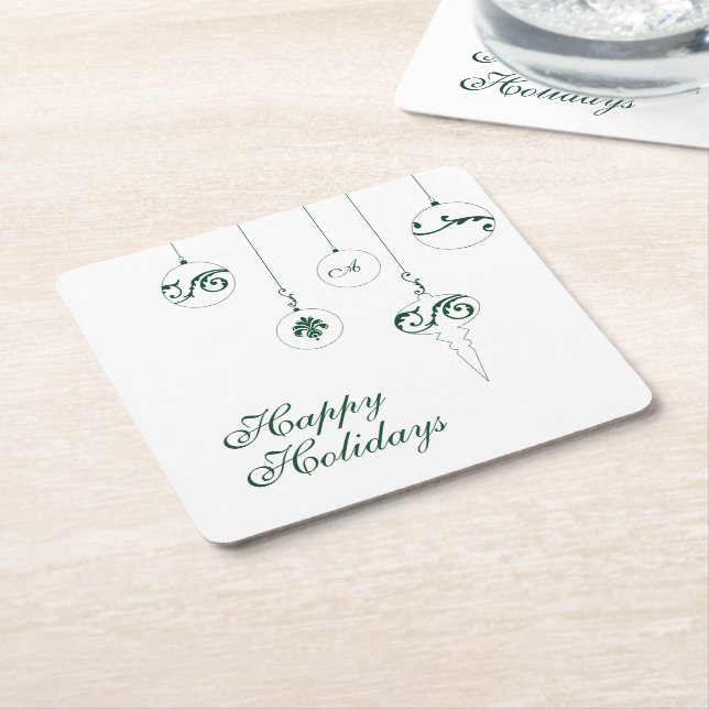 Dessous De Verre Carré Joyeuses vacances GreenMonogram Bauble Ornements (Incliné)
