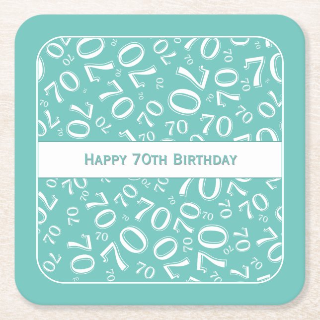 Dessous De Verre Carré "Joyeux 70e anniversaire" Turquoise/Motif numériqu (Devant)