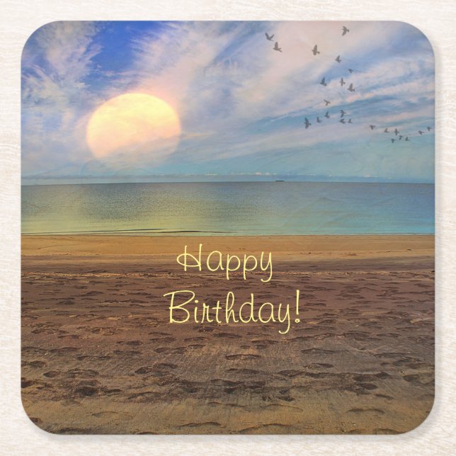 Dessous De Verre Carré Joyeux Anniversaire Beach Sunset (Devant)
