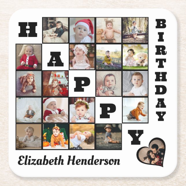 Dessous De Verre Carré Joyeux anniversaire Custom 21 Photo Collage Cadeau (Devant)