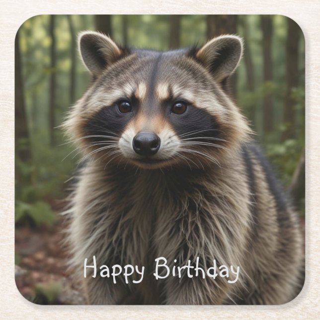 Dessous De Verre Carré Joyeux Anniversaire Cute Raccoon (Devant)