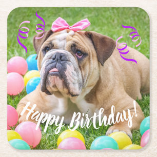 Dessous De Verre Carré Joyeux anniversaire de bouledogue mignon