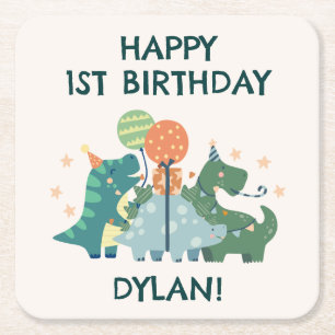 Dessous De Verre Carré Joyeux anniversaire de mignons dinosaures