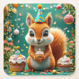 Dessous De Verre Carré Joyeux anniversaire écureuil adorable