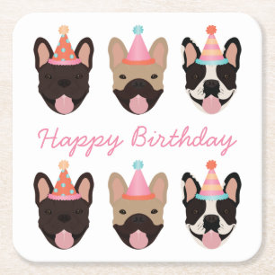 Dessous De Verre Carré Joyeux anniversaire français Bulldog Party Casquet