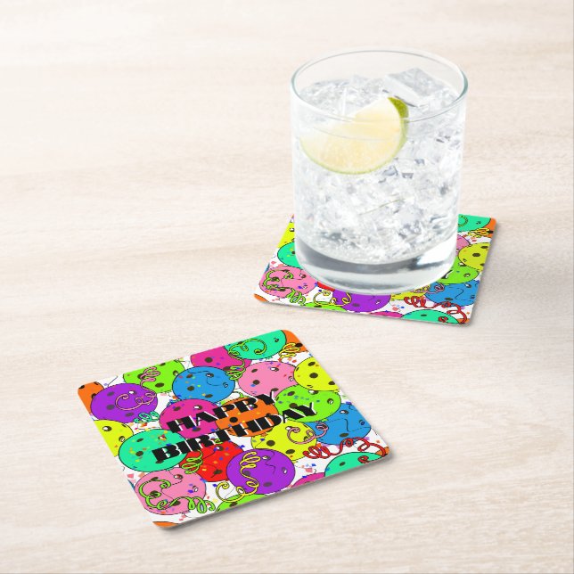Dessous De Verre Carré Joyeux Anniversaire Pickleball Ballons Confetti Bl (En situation)