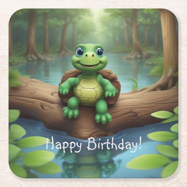 Dessous De Verre Carré Joyeux Anniversaire Tortue (Devant)