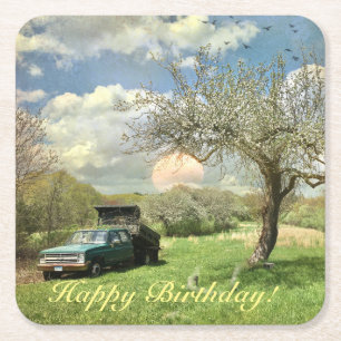 Dessous De Verre Carré Joyeux anniversaire Vintage Camion Farm 