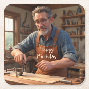 Dessous De Verre Carré Joyeux charpentier d'anniversaire