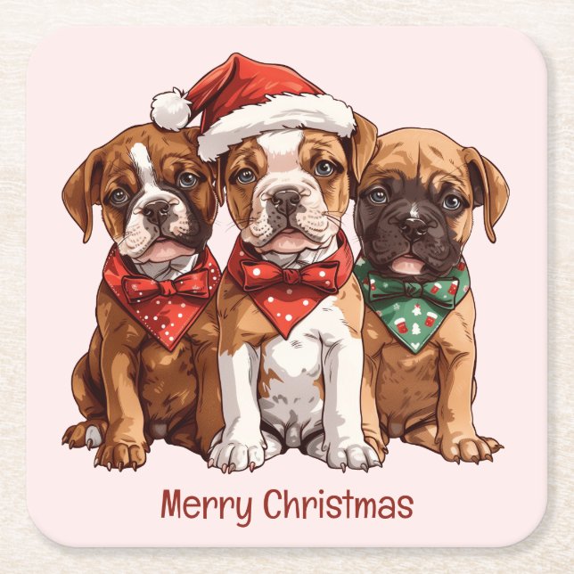 Dessous De Verre Carré Joyeux Chiens en boîte de Noël (Devant)