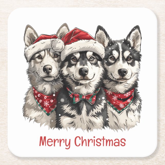 Dessous De Verre Carré Joyeux Chiens Husky Noël (Devant)