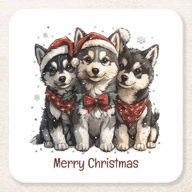 Dessous De Verre Carré Joyeux Chiens Husky Noël (Devant)