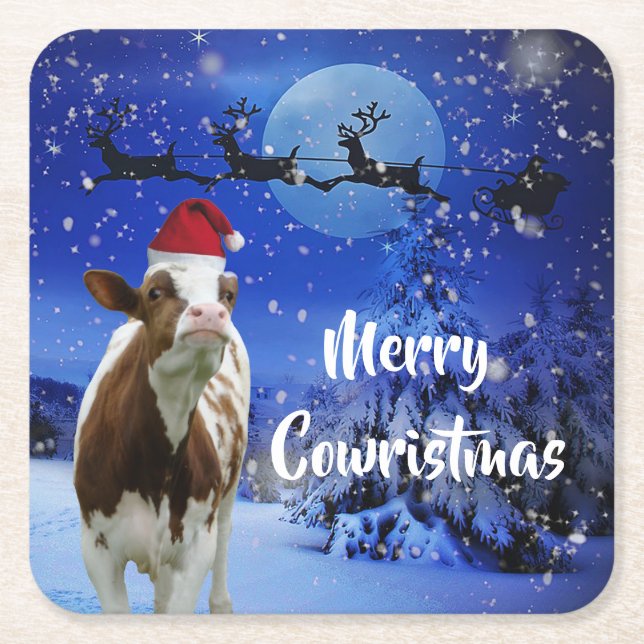 Dessous De Verre Carré Joyeux Cowristmas Père Noël Vacances Vache (Devant)