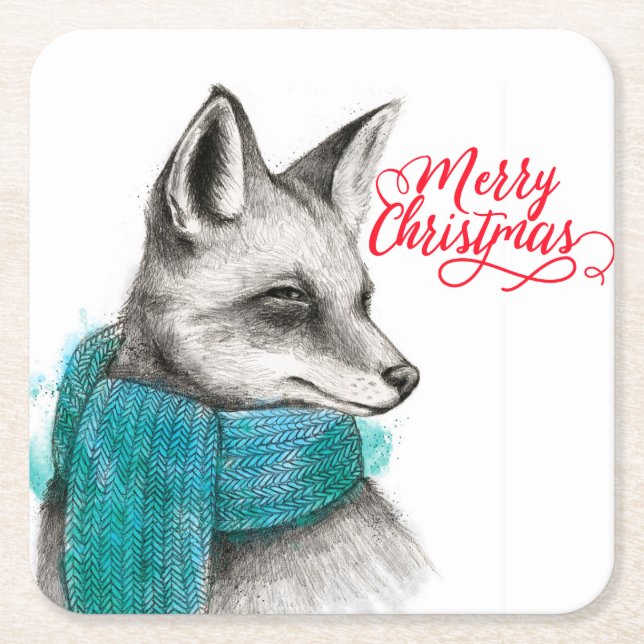Dessous De Verre Carré Joyeux dessin de renard de Noël (Devant)