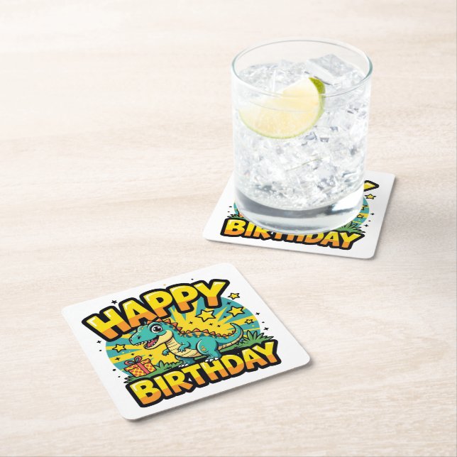 Dessous De Verre Carré Joyeux Dinosaur d'anniversaire (En situation)