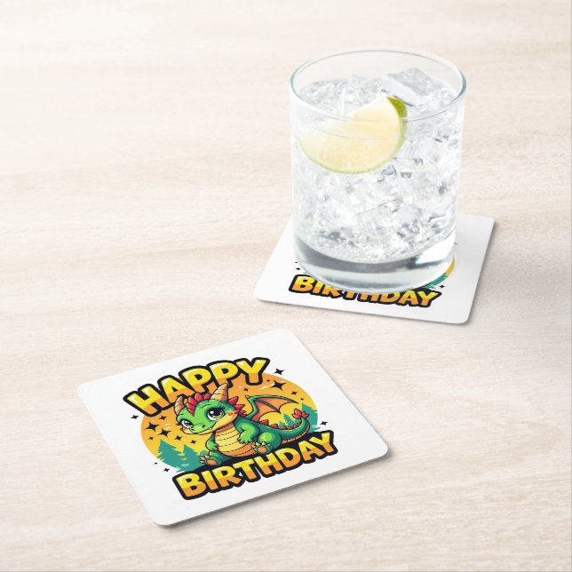 Dessous De Verre Carré Joyeux dragon d'anniversaire (En situation)