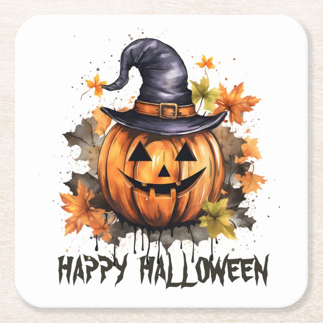Dessous De Verre Carré Joyeux Halloween Evil Grinning Citrouille Art (Devant)