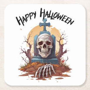Dessous De Verre Carré Joyeux Halloween Tête de Pierre et Squelette