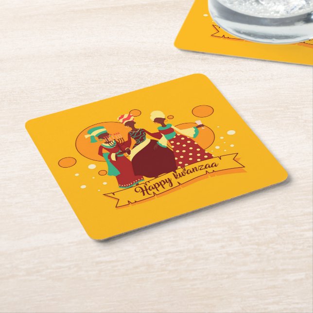 Dessous De Verre Carré Joyeux Kwanzaa 3 Dames Jaunes (Incliné)
