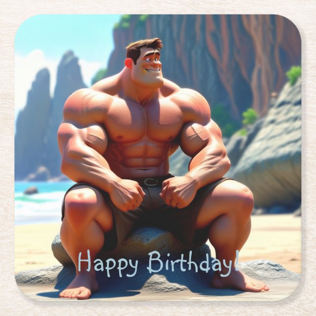 Dessous De Verre Carré Joyeux Muscleman d'anniversaire (Devant)