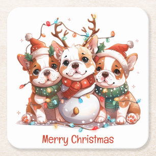 Dessous De Verre Carré Joyeux Noël anglais Bulldog Reindeer Père Noël