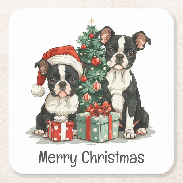 Dessous De Verre Carré Joyeux Noël Boston Terrier Chiens (Devant)
