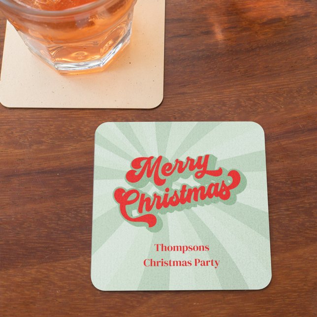 Dessous De Verre Carré Joyeux Noël Calligraphie Rouge vert Whimsical (Merry Christmas red calligraphy script green striped paper coaster. )