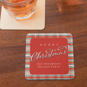 Dessous De Verre Carré Joyeux Noël Calligraphie Script mignon Rouge Plaid
