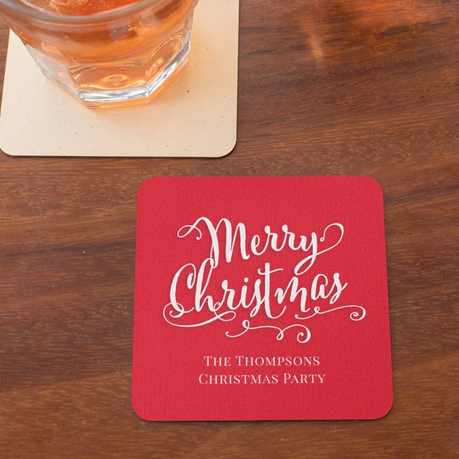 Dessous De Verre Carré Joyeux Noël Calligraphie Script mignon Rouge simpl (Merry Christmas red white calligraphy script paper coaster)