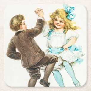 Dessous De Verre Carré Joyeux Noël - carte vintage, enfants dansants