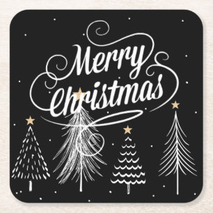 Dessous De Verre Carré Joyeux Noël, élégant noir et blanc,
