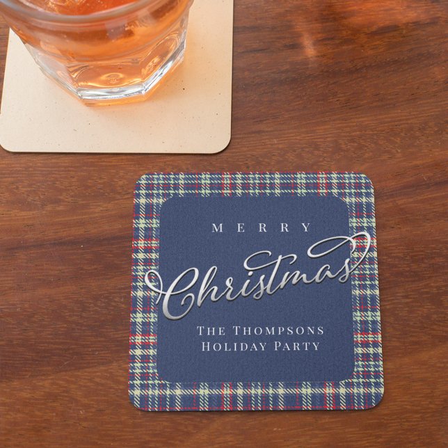 Dessous De Verre Carré Joyeux Noël Marine Blue Calligraphie Script Plaid (Merry Christmas navy blue plaid pattern paper coaster)