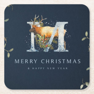 Dessous De Verre Carré Joyeux Noël/Monogramme/Deer Art
