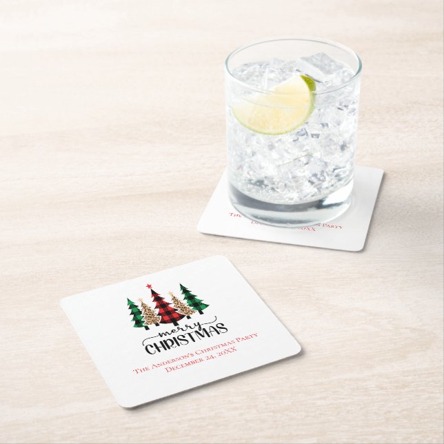 Dessous De Verre Carré Joyeux Noël Rouge Vert et Noir Plaid Arbres (En situation)