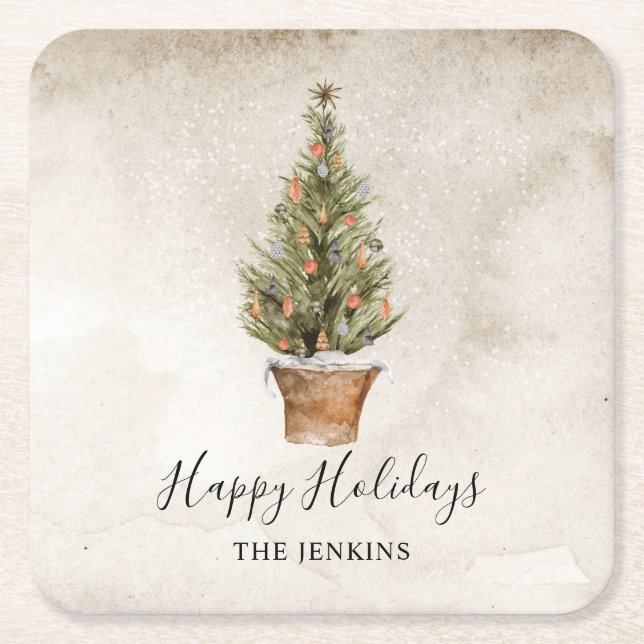 Dessous De Verre Carré Joyeux Noël Rustique Arbre de Noël (Devant)