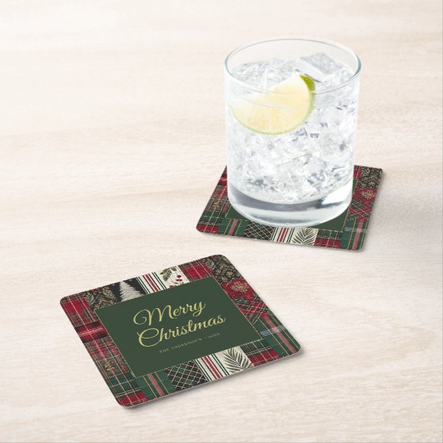 Dessous De Verre Carré Joyeux Noël Rustique Plaid Motif (En situation)