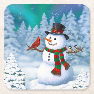 Dessous De Verre Carré Joyeux Noël Snowman & Birds Winter Scene