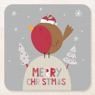 Dessous De Verre Carré Joyeux Noël Whimsical Robin