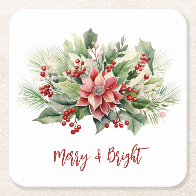 Dessous De Verre Carré Joyeux Poinsettia Berries Noël (Devant)